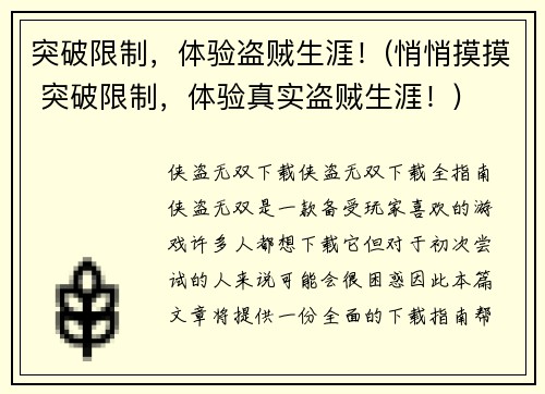 突破限制，体验盗贼生涯！(悄悄摸摸 突破限制，体验真实盗贼生涯！)
